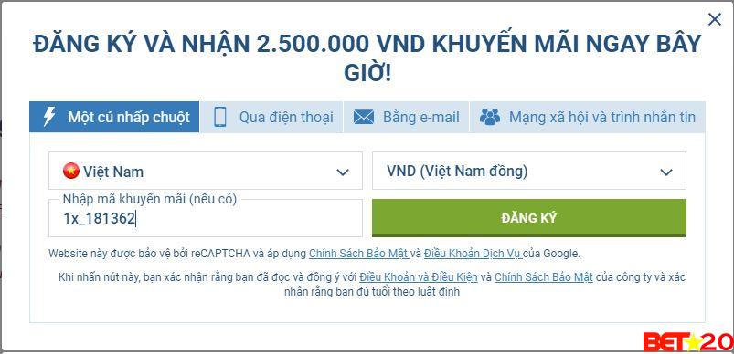 nhập mã khuyến mãi 1xbet để nhận 2.5 triệu vnd