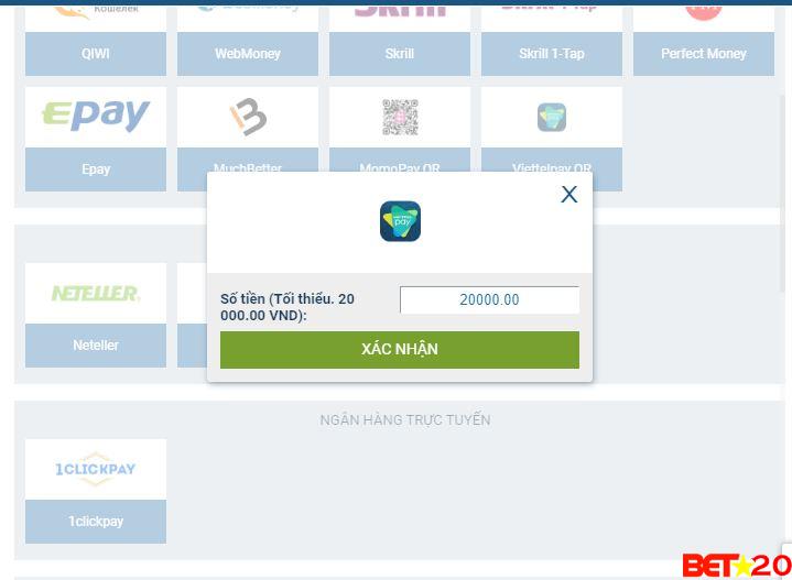 nhập số tiền để nạp tiền 1xbet
